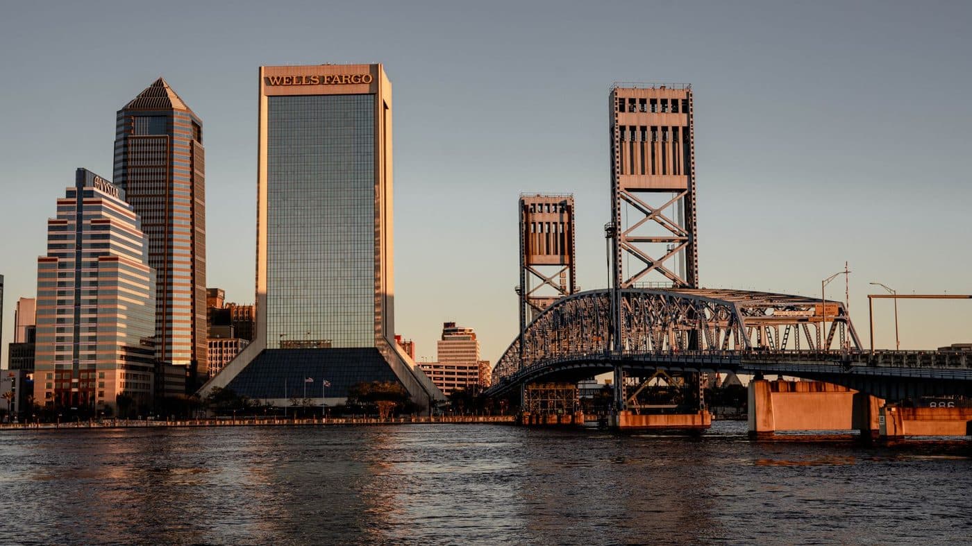 Jacksonville Florida downtown skyline and Main Street Bridge at sunset