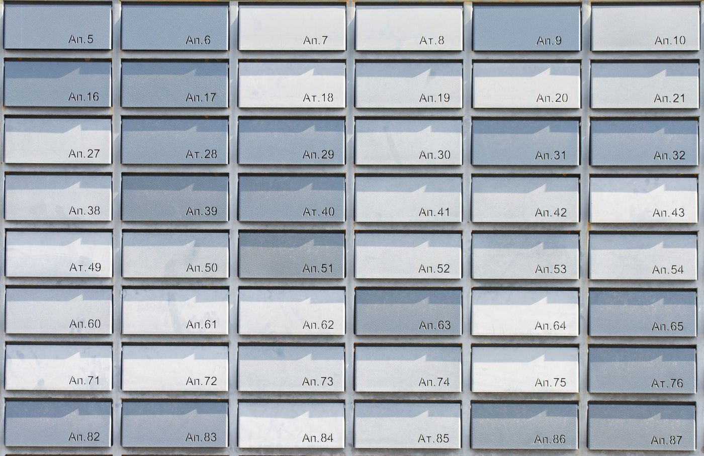 Rows of mailboxes in a commercial mail handling facility
