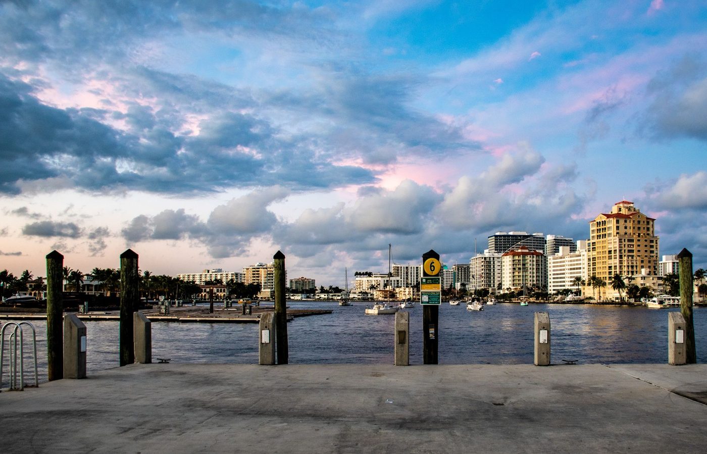 Palm trees lining a waterfront boulevard in West Palm Beach, Florida