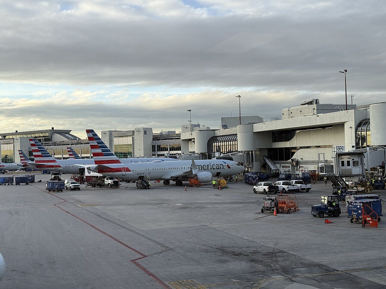 Airliners parked at terminal gates at Miami International Airport