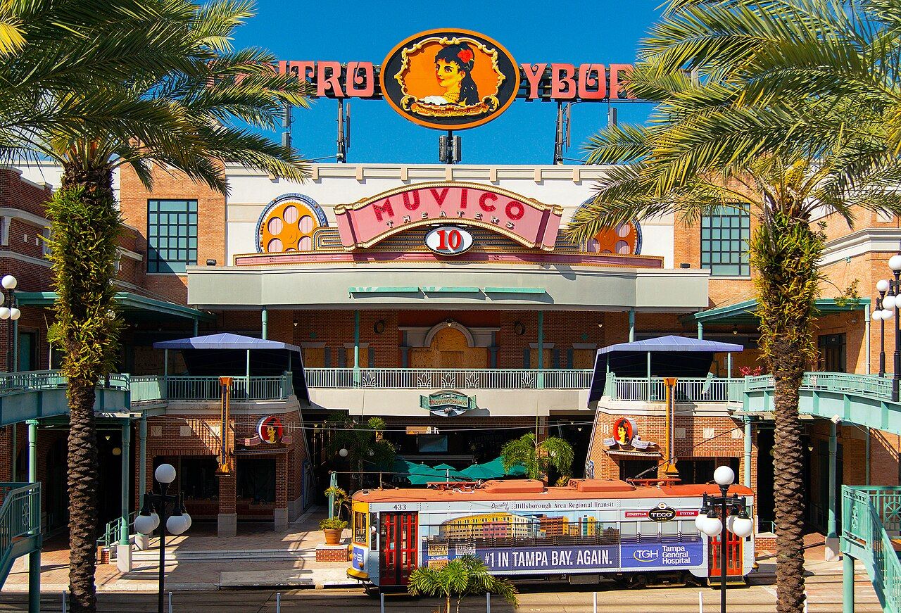 Storefronts and a streetcar in the Ybor City district of Tampa