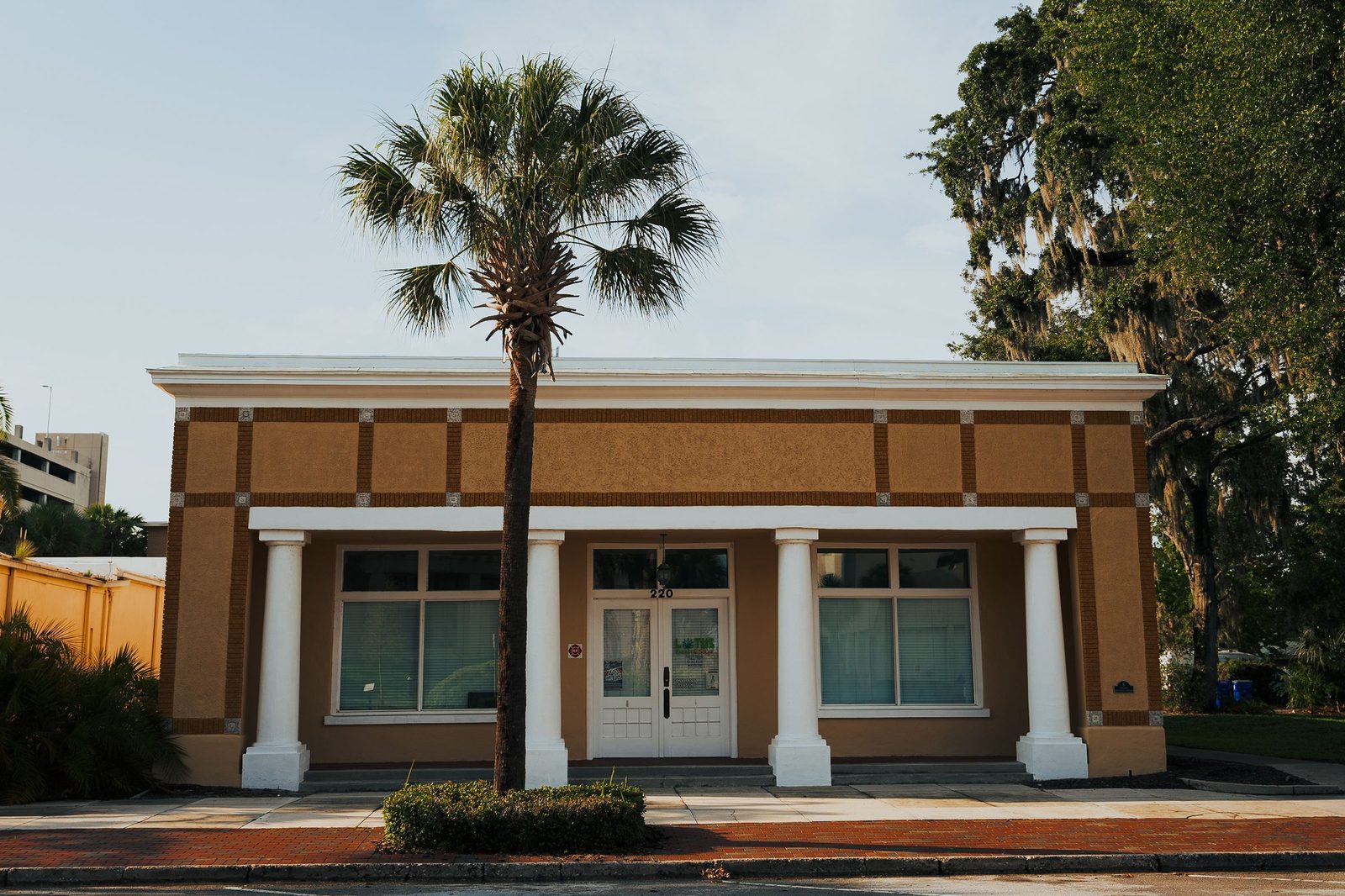 Small commercial building with white columns and a tall palm on a quiet street