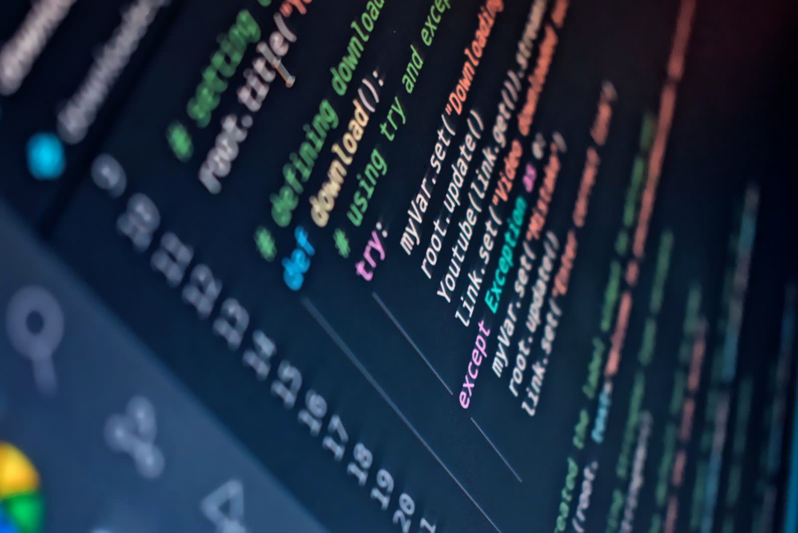 Close-up of colorful program code with shallow depth of field