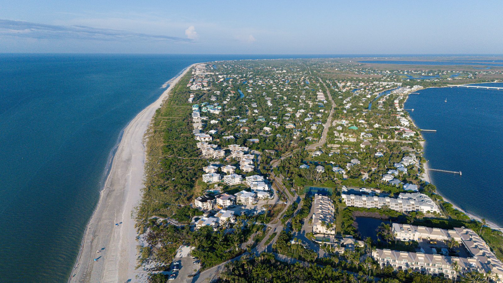 Aerial view of the Sanibel Island coastline in Florida on a clear day