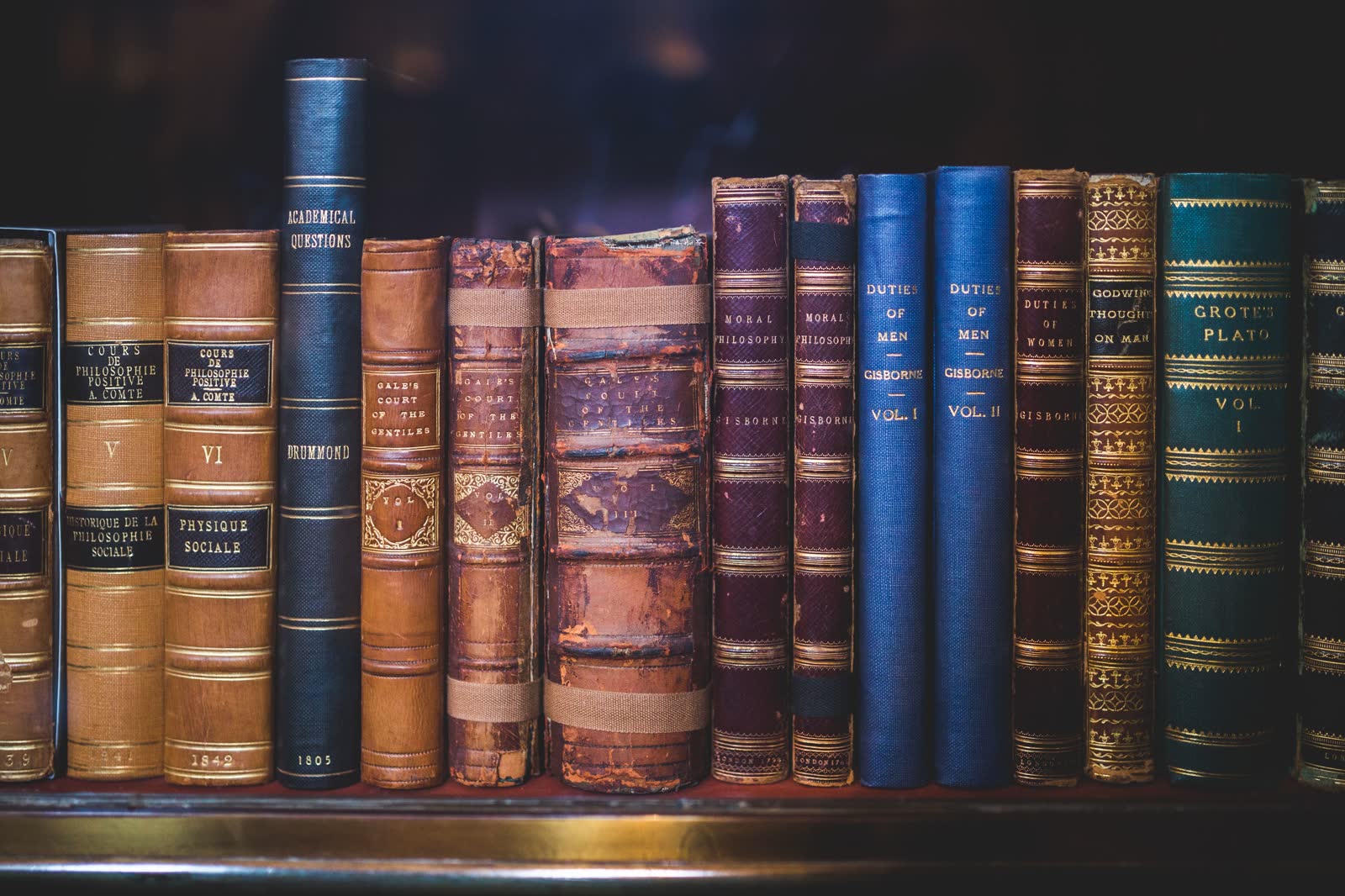 Row of nineteenth-century leather-bound volumes on a wooden shelf